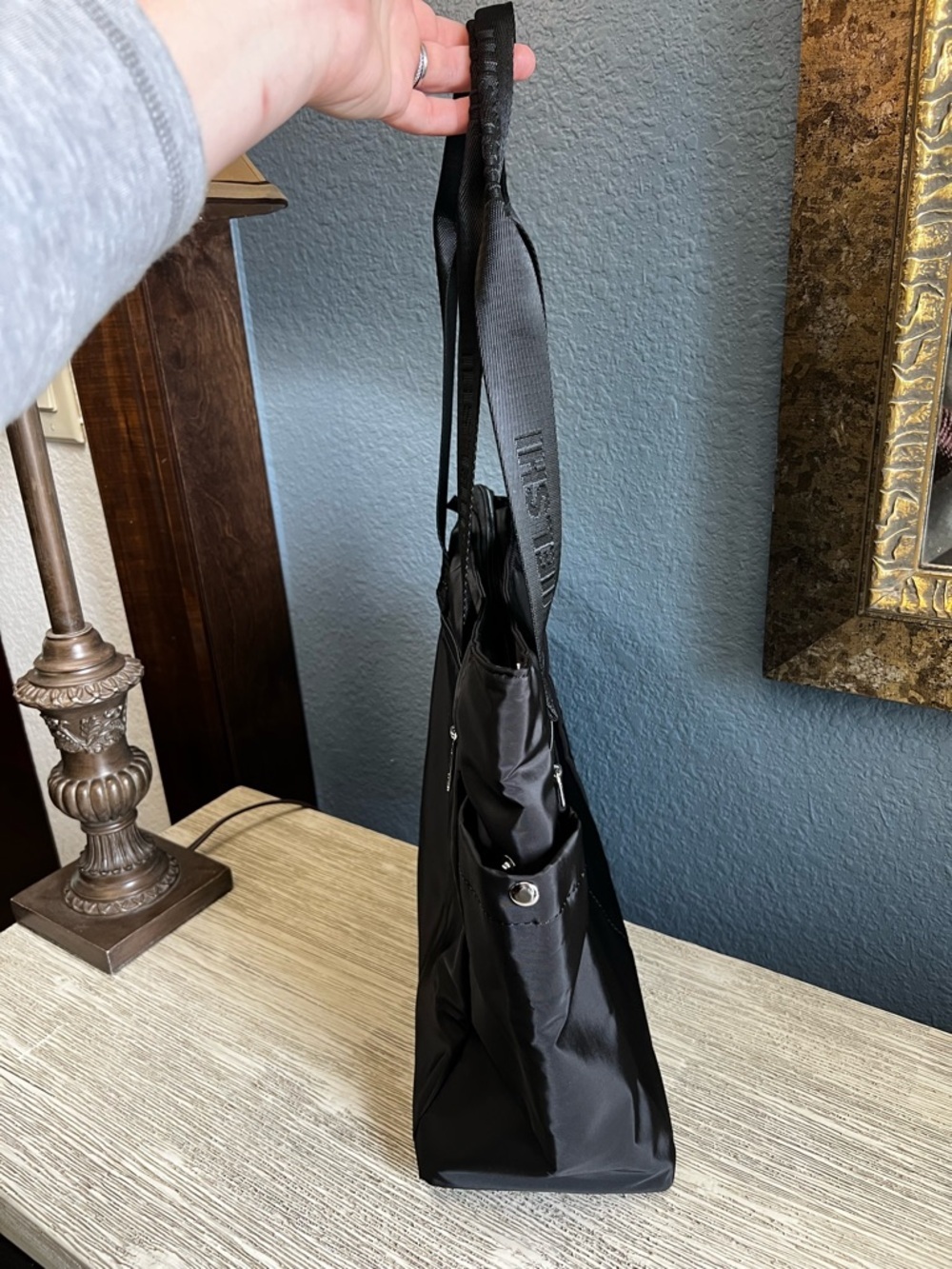 Black Shoulder Tote Bag with Logo Webbing Straps - Picture 4 of 10